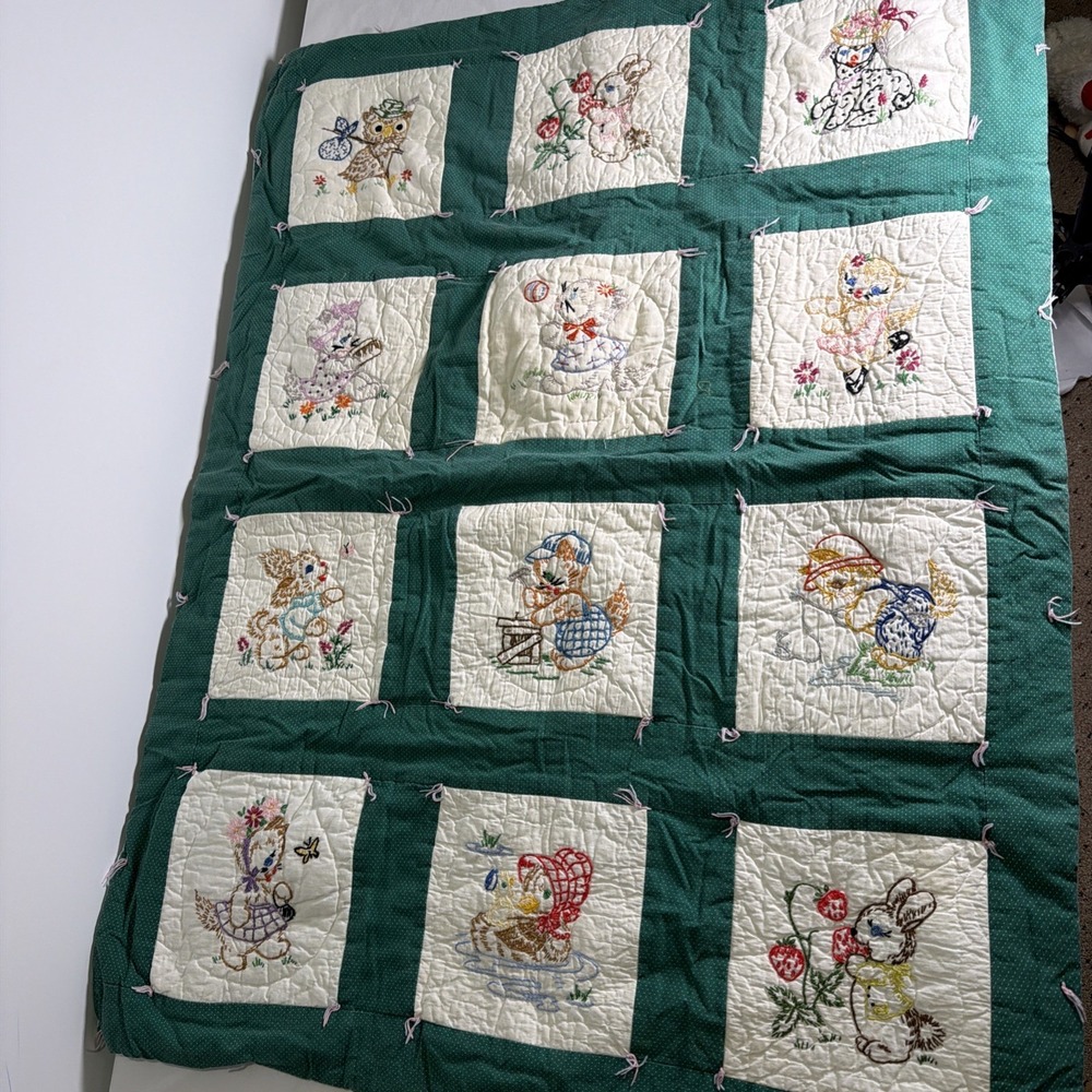 Vintage Handmade Embroidered Crib Quilt Playful Animals Green White